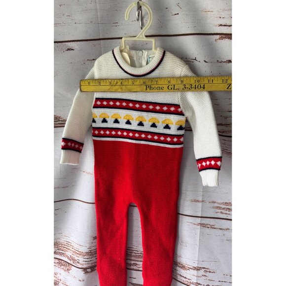 Vintage Red & White Baby Knit Footie Jumper With Mushroom Pattern Back Zipper Cl - Picture 5 of 9